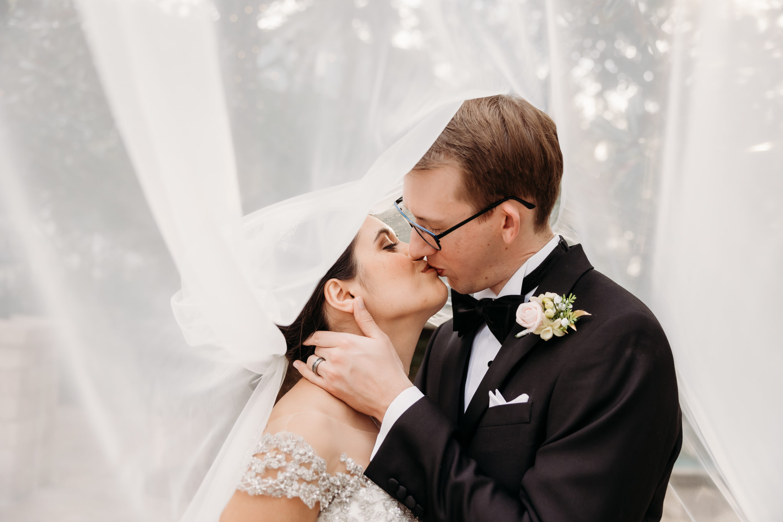 Bride and Groom with floating Veil Wedding Reception Portraits at Dr Phillips House Orlando on Lake Lucerne
