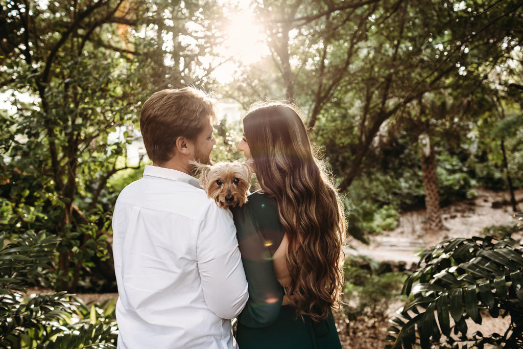 Engagement session holding Yorkie dog with sun-flare