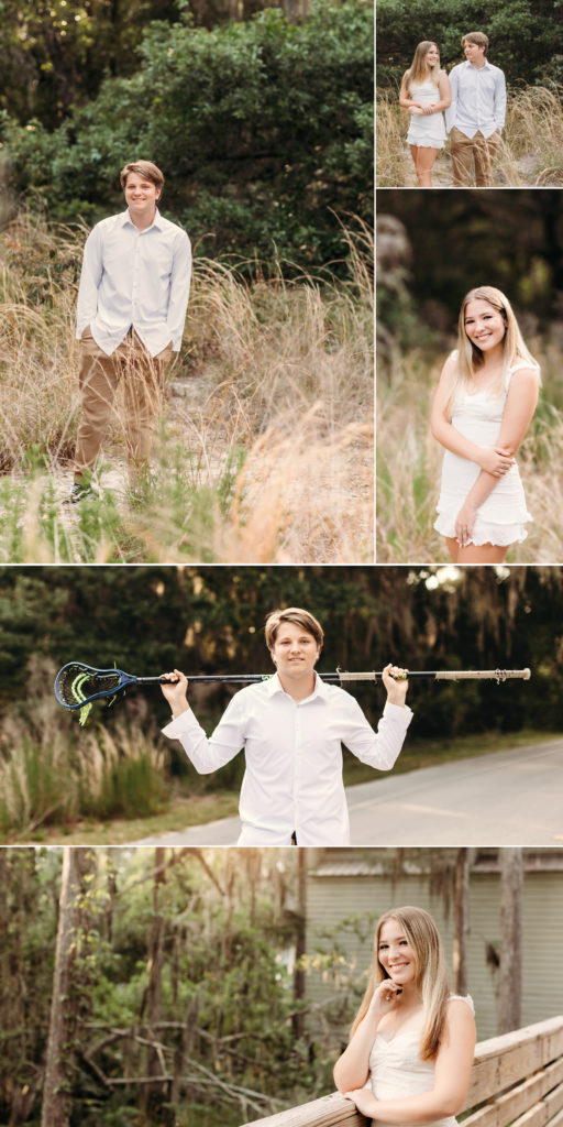 Senior session at Lake Louisa in tall grass with sunflare